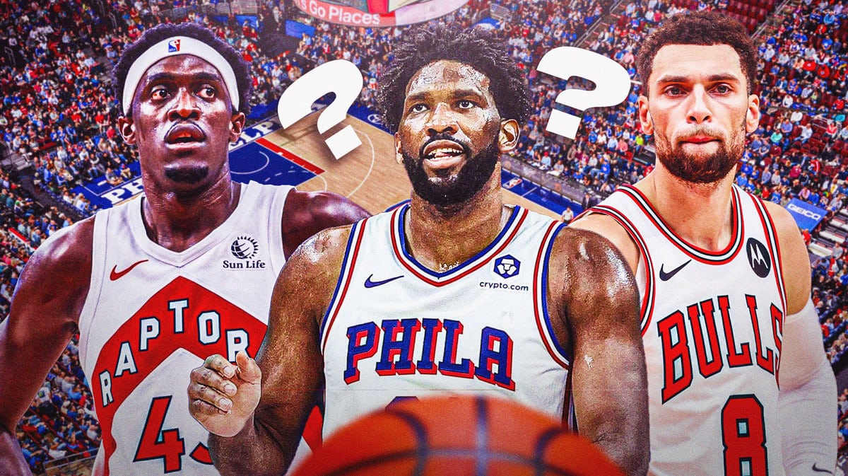 Sixers' Joel Embiid next to Raptors Pascal Siakam and Bulls' Zach LaVine with question marks