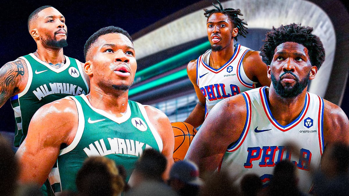 Bucks stars Damian Lillard and Giannis Antetokounmpo next to Sixers stars Tyrese Maxey and Joel Embiid