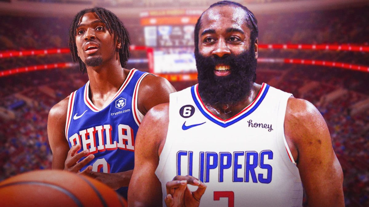 Sixers guard Tyrese Maxey and Clippers guard James Harden at the Wells Fargo Center