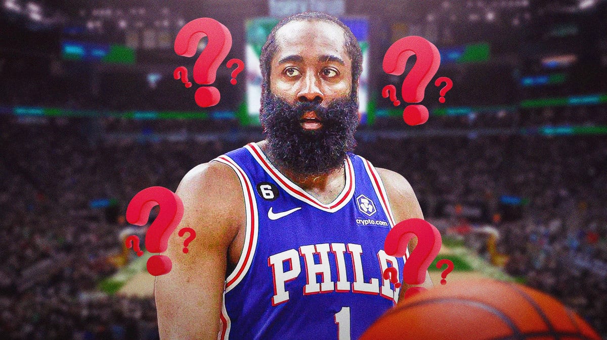 Sixers guard James Harden surrounded by question marks