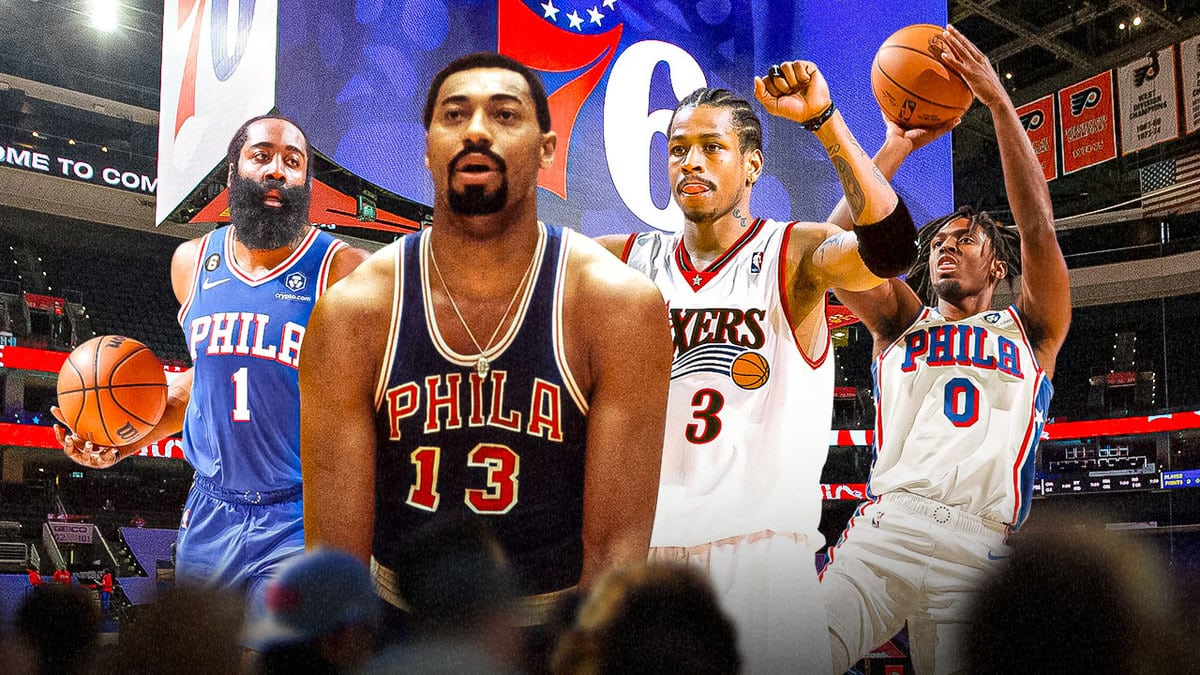 Sixers players James Harden, Wilt Chamberlain, Allen Iverson and Tyrese Maxey at the Wells Fargo Center