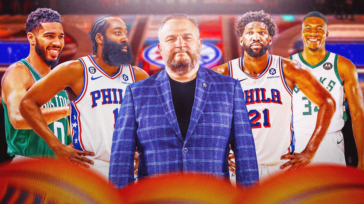 Sixers' Daryl Morey standing in between Jayson Tatum, James Harden, Joel Embiid and Giannis Antetokounmpo