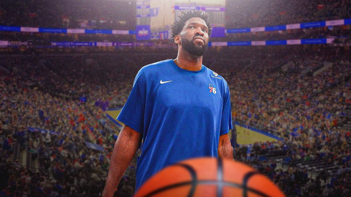 Sixers center Joel Embiid in warmup clothes at the Wells Fargo Center