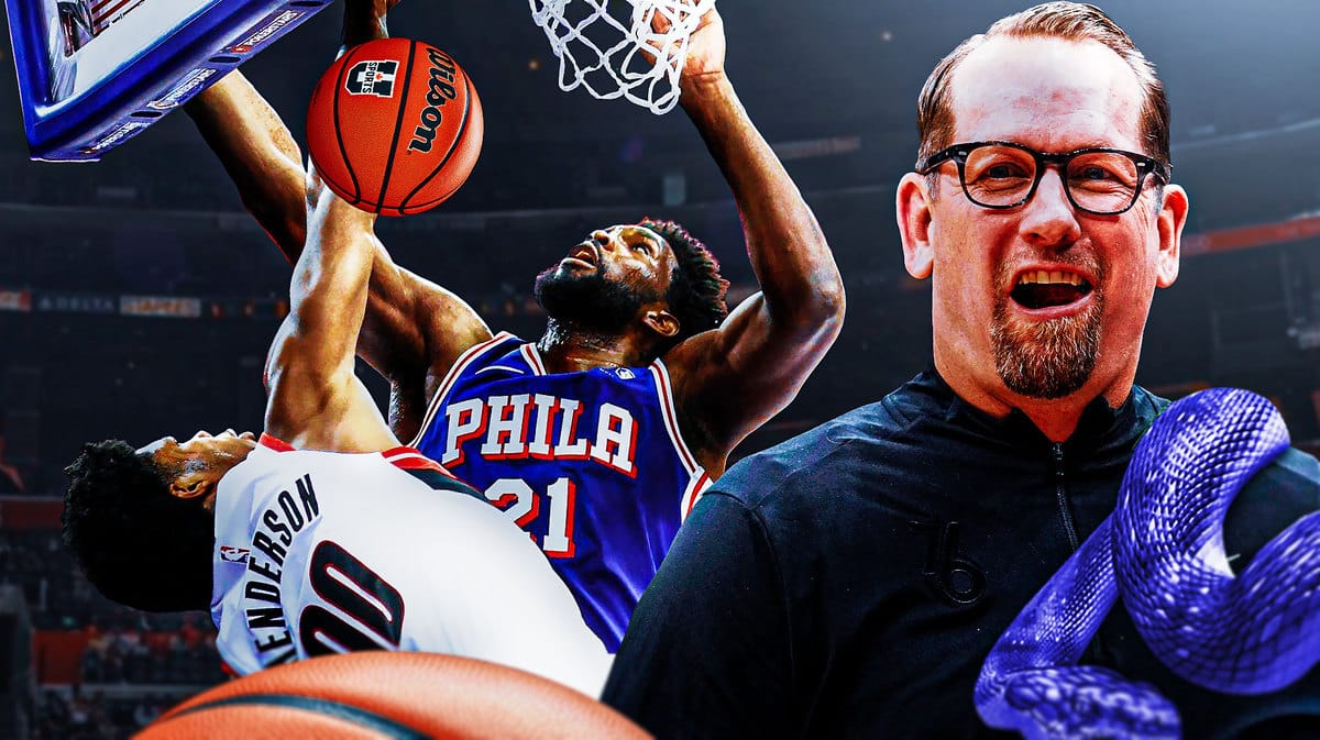Sixers center Joel Embiid blocking Scoot Henderson, with Nick Nurse smiling next to him