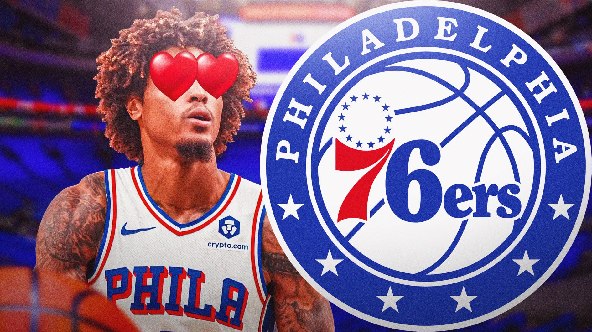 Kelly Oubre Jr with hearts covering his eyes next to the Sixers logo