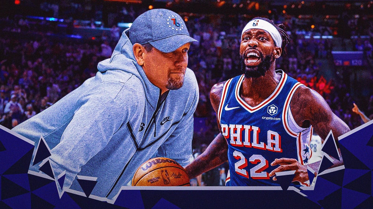Sixers coach Nick Nurse watching and point guard Patrick Beverley dribbling the ball