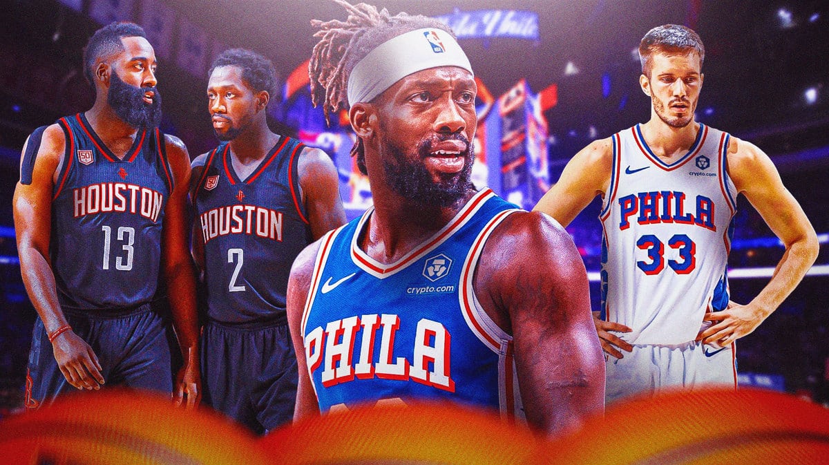 James Harden and Pat Beverley together with the Rockets on the left, in the middle is Patrick Beverley looking angry in a Sixers uni, with a picture of Filip Petrusev on the right