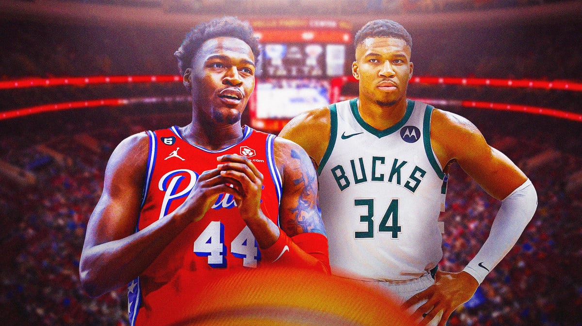 Sixers center Paul Reed and Bucks forward Giannis Antetokounmpo