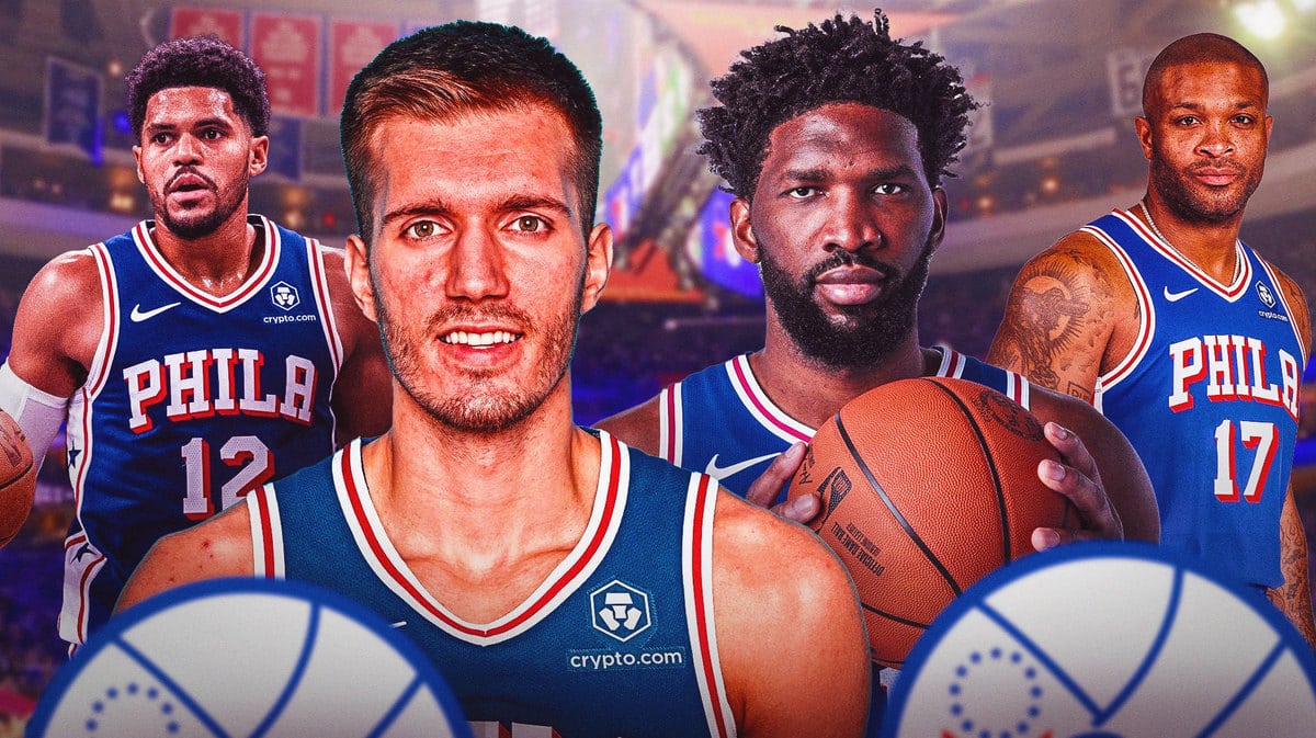 Sixers players Tobias Harris, Filip Petrusev, Joel Embiid and PJ Tucker at the Wells Fargo Center