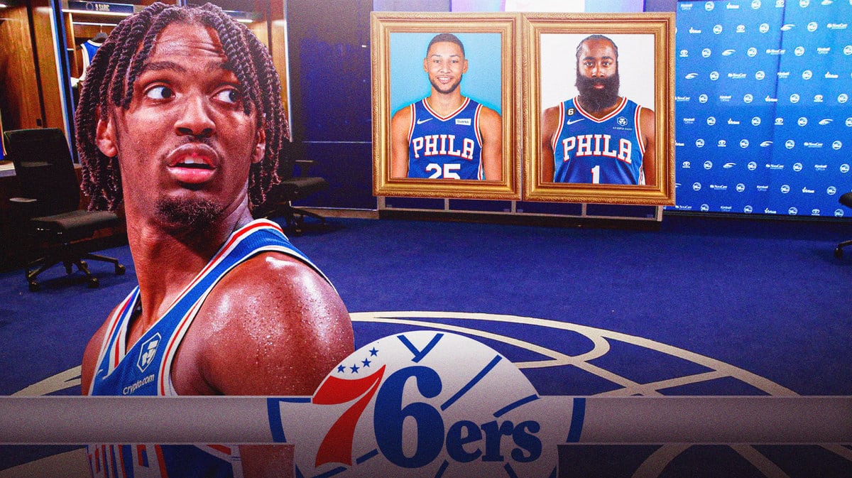 Sixers guard Tyrese Maxey in the locker room looking at framed pictures of Ben Simmons and James Harden