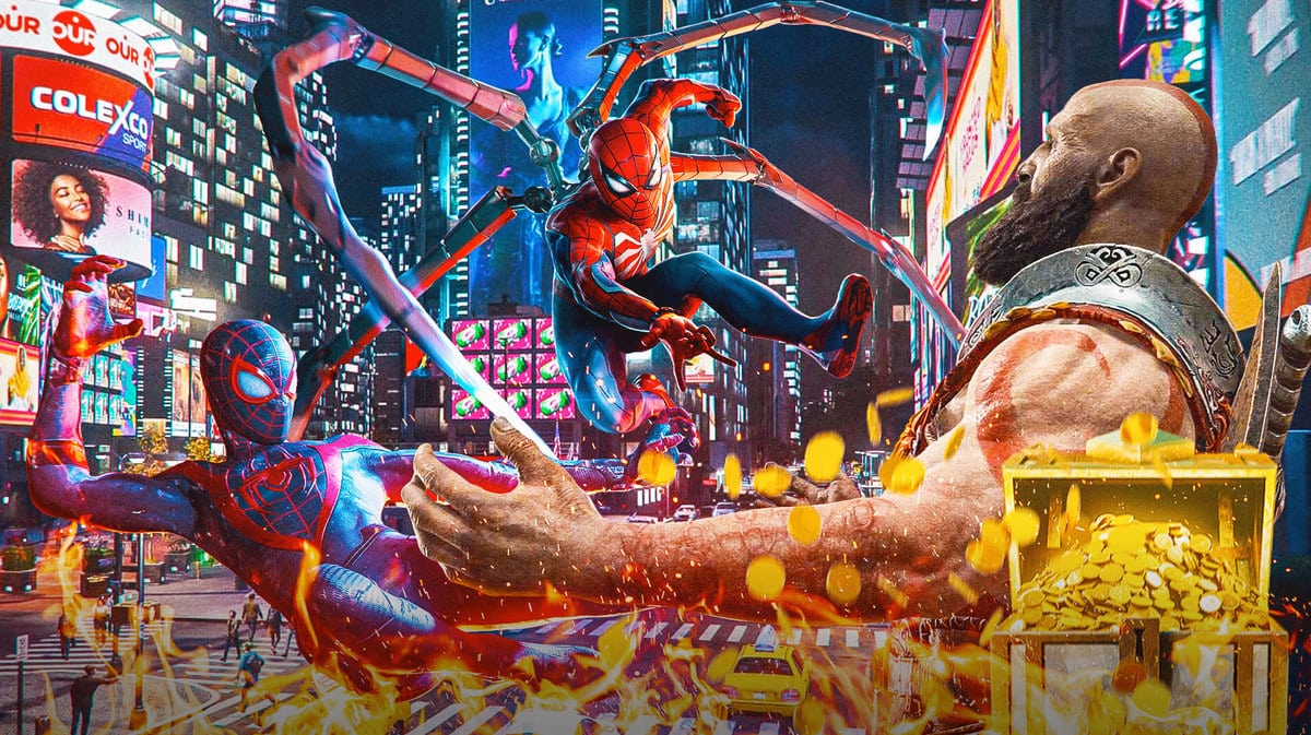 Peter Parker and Miles Morales beating up Kratos of God of War Ragnarok for Spider-Man 2's fastest-selling sales record