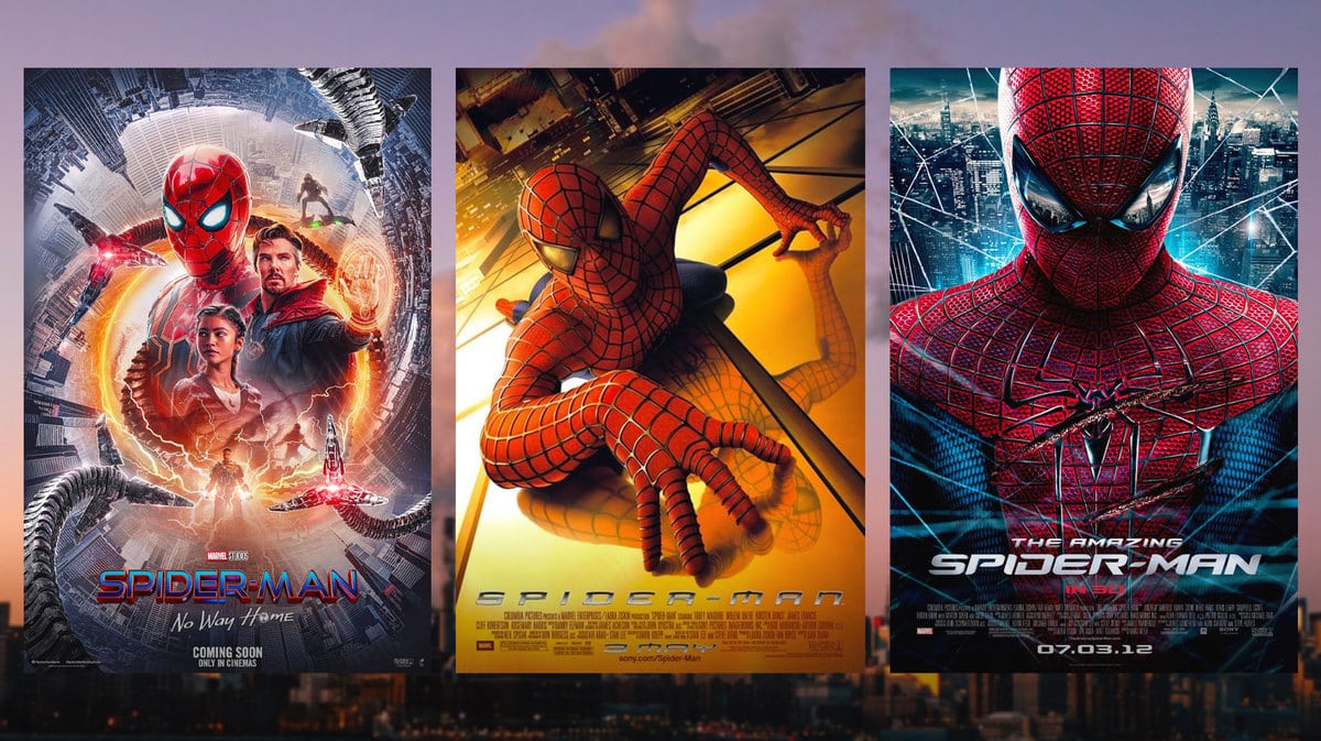 Posters of Spider-Man: No Way Home, Spider-Man, and The Amazing Spider-Man.