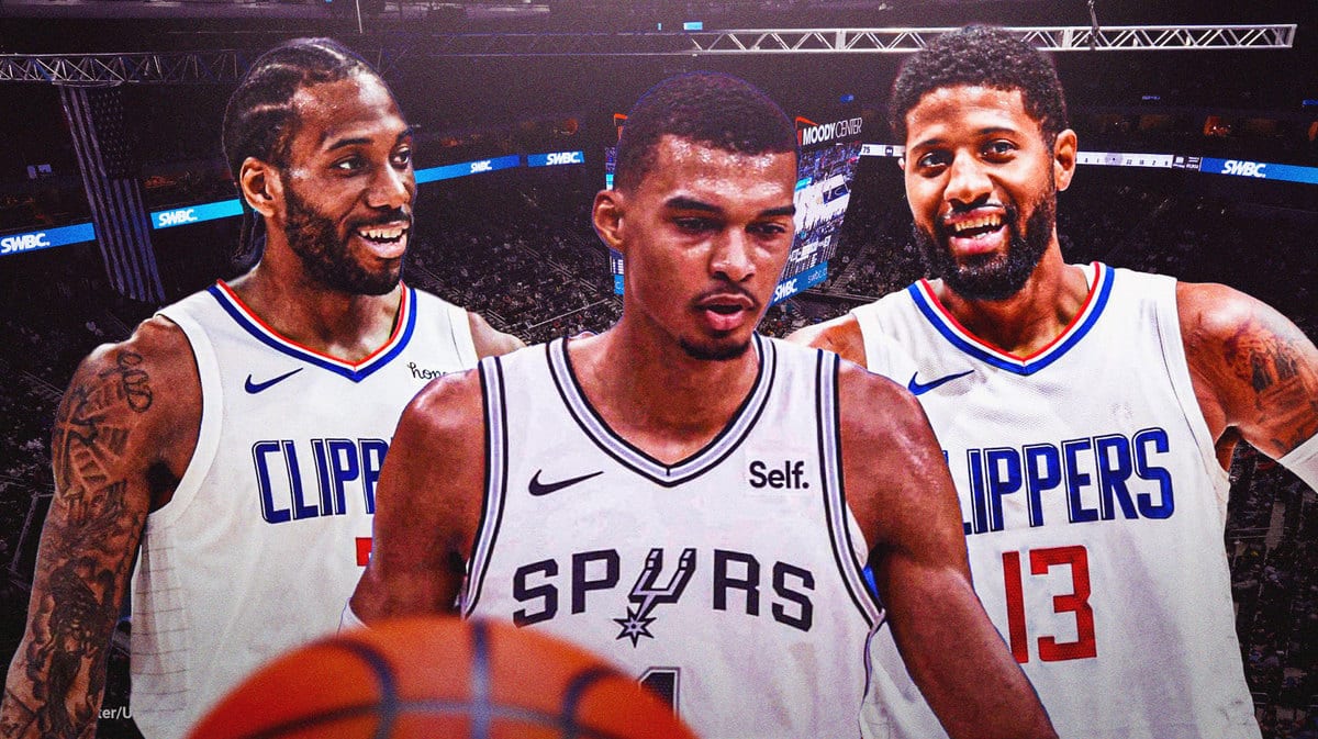 Spurs' Victor Wembanyama looking tired, with Clippers' Paul George and Kawhi Leonard celebrating