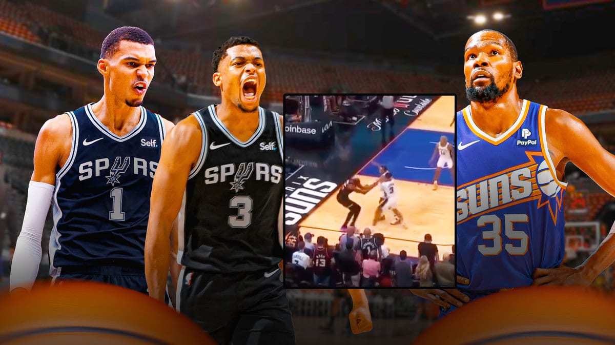 Spurs' Victor Wembanyama and Keldon Johnson hyped up, with Suns' Kevin Durant looking embarrassed, screenshot of Keldon Johnson’s steal on Durant from the tweet below in the middle