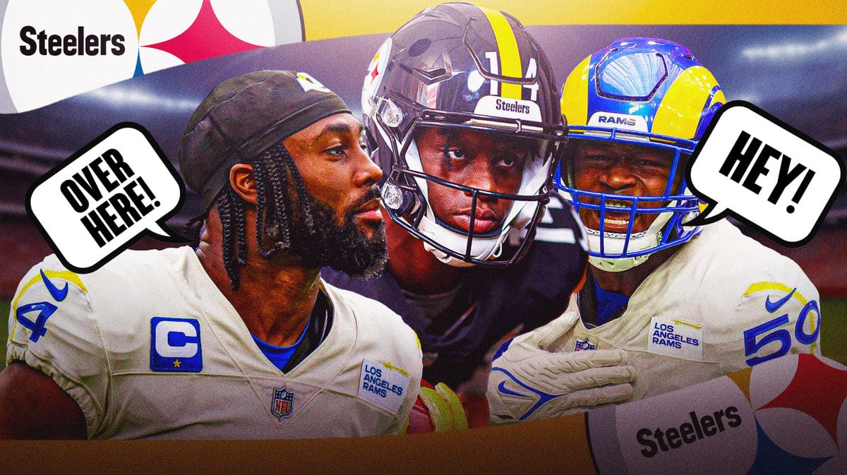- Pittsburgh Steelers' George Pickens in the middle of image - LA Rams' Ernest Jones on one side of Pickens and text bubble “Hey!” - LA Rams' Jordan Fuller on the other side of Pickens and text bubble “Over Here!”