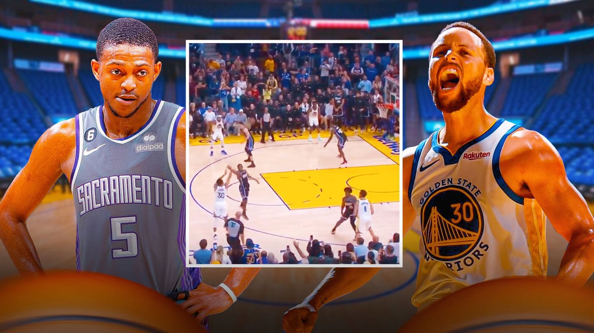 Warriors' Stephen Curry celebrating, with a screenshot of his game-winner in the middle, De'Aaron Fox looking sad on the left