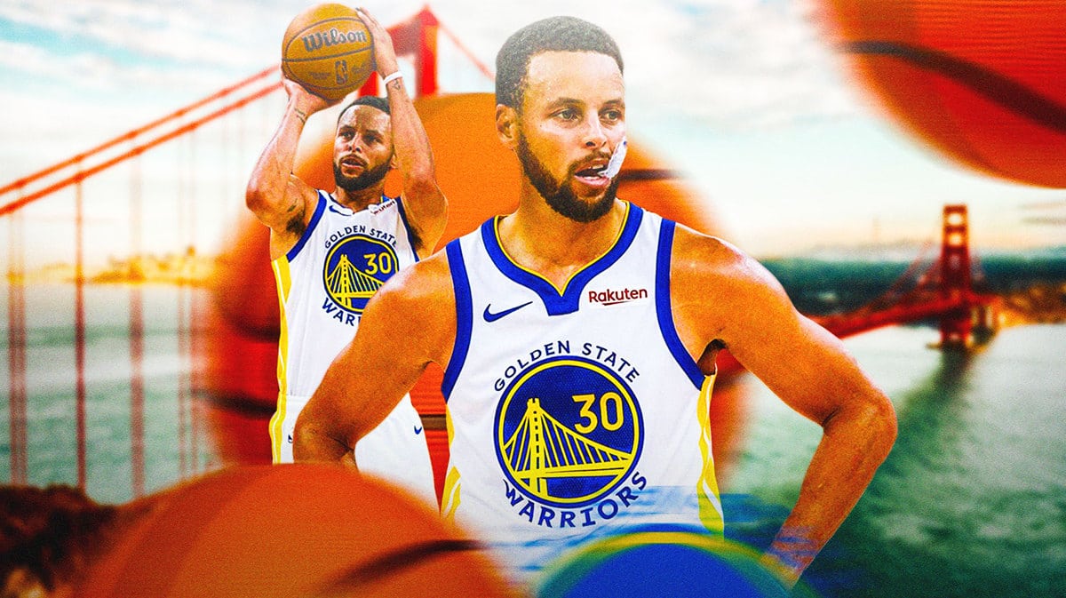 Warriors' Steph Curry shooting a basketball with the Golden Gate Bridge in background