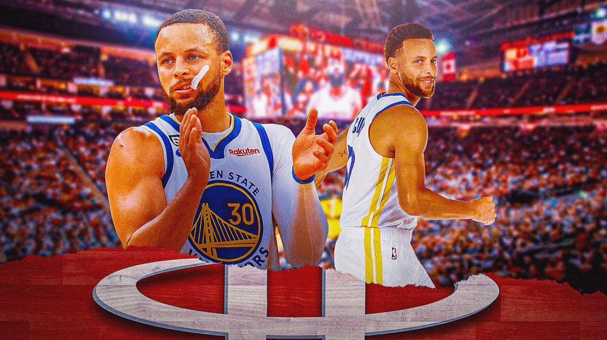 Warriors superstar Stephen Curry clapping at Rockets' arena