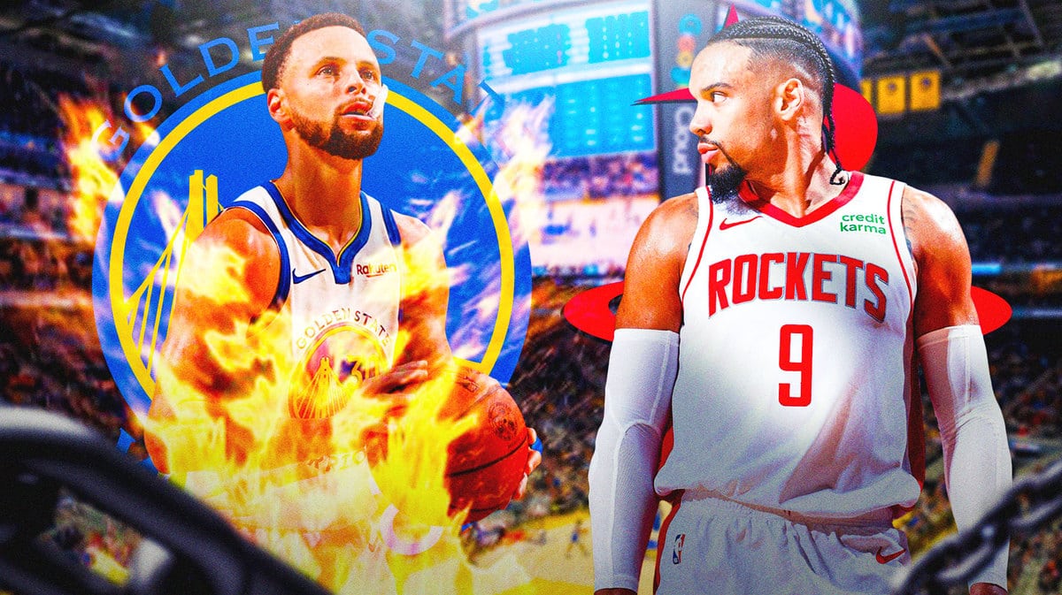 Steph Curry on one side with fire around him, Dillon Brooks on other side, Warriors and Rockets logos, basketball court in background