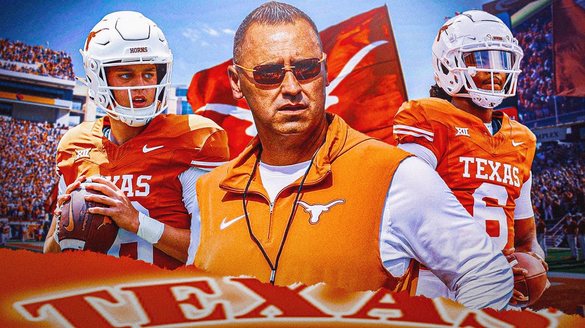 Texas football coach Steve Sarkisian with Arch Manning and Maalik Murphy, who played all game vs BYU amid Quinn Ewers injury.