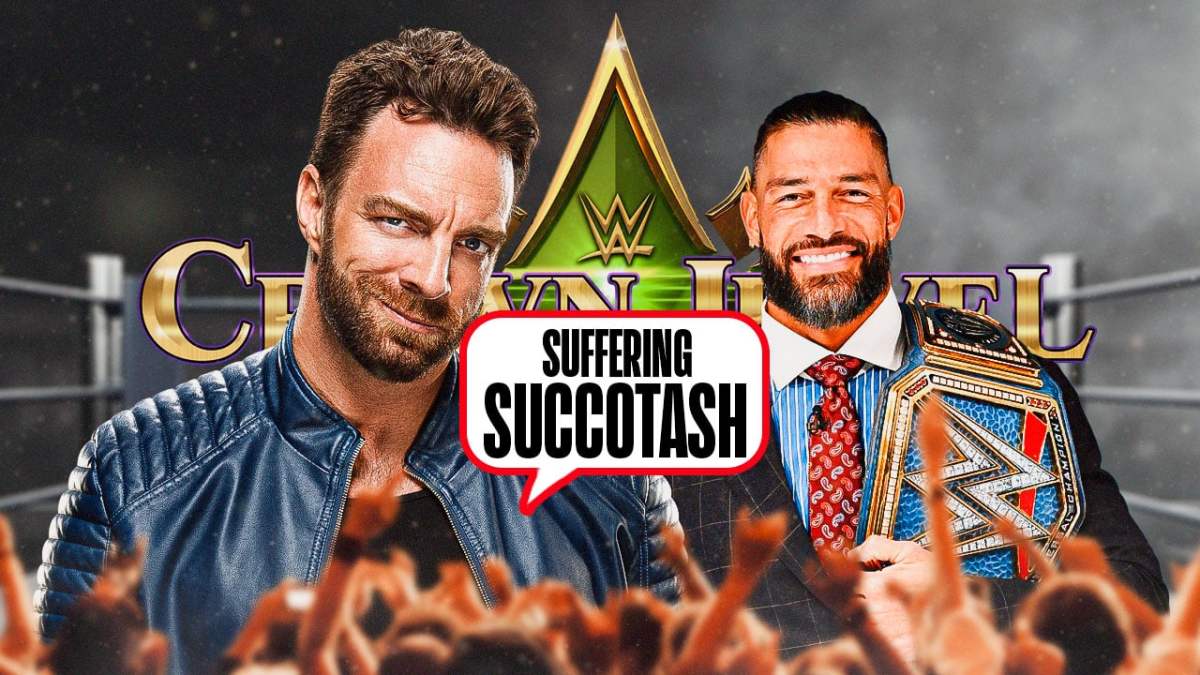LA Knight with a text bubble reading “Suffering succotash” next to Roman Reigns holding the WWE Championship belt with the 2023 WWE Crown Jewel logo as the background.