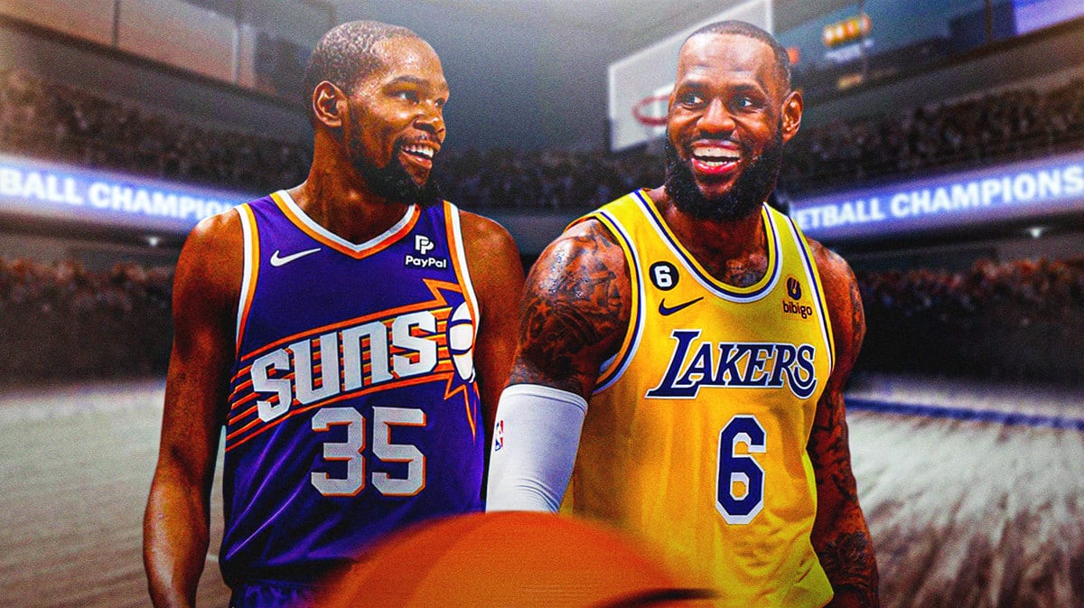 Suns star Kevin Durant and Lakers star LeBron James smiling
