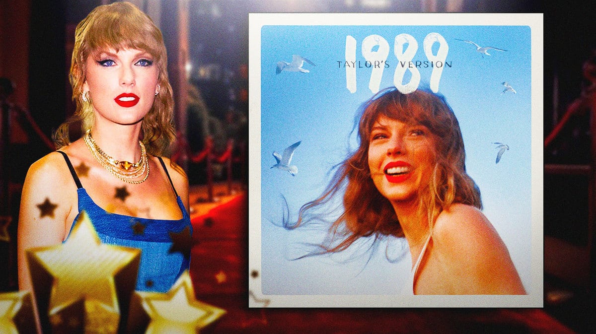 Taylor Swift in blue dress with the cover of ‘1989 (Taylor’s Version)’ in the back