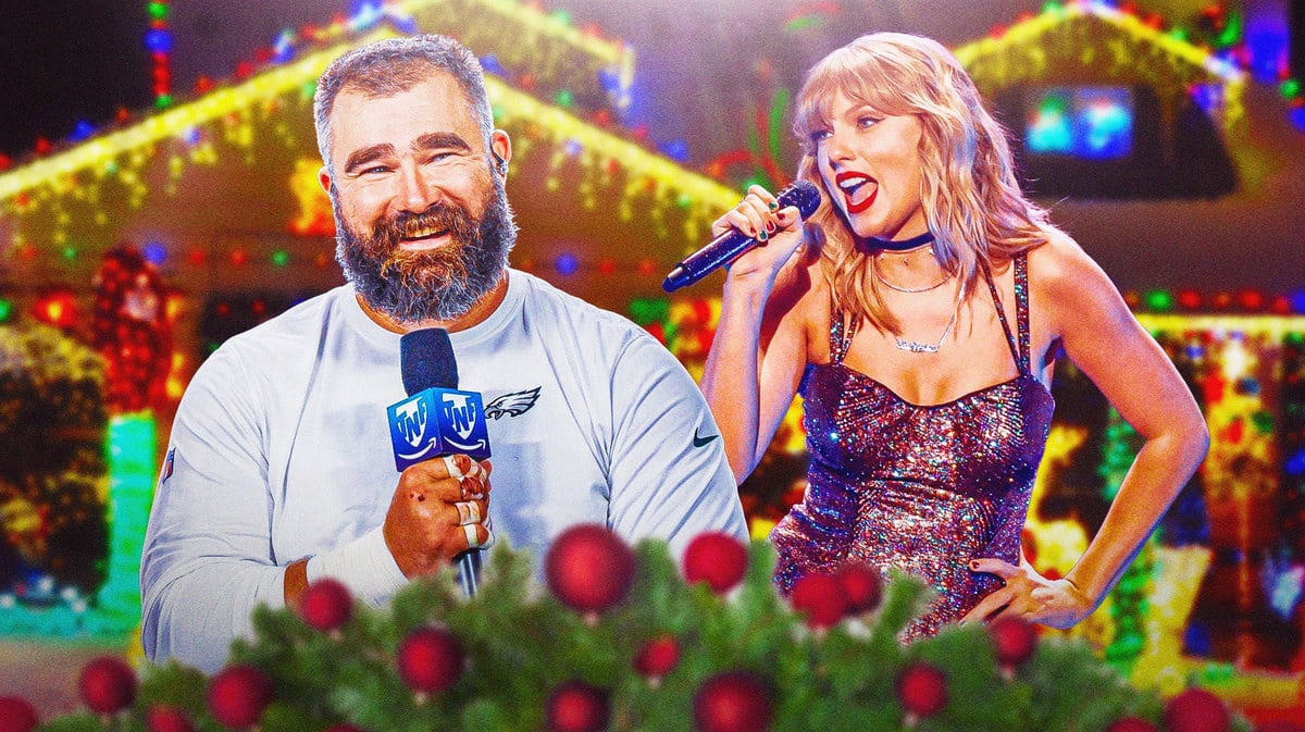 Jason Kelce and Taylor Swift dueting with a Christmas background.