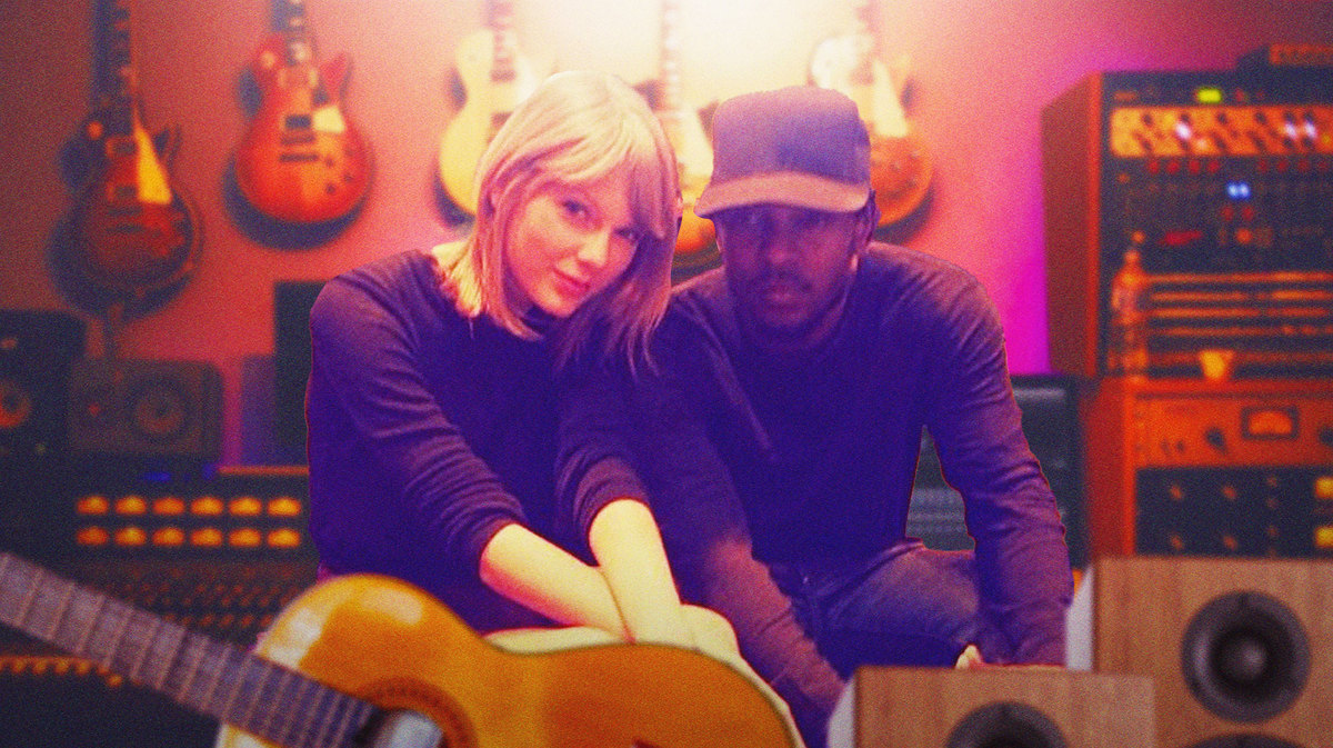 Taylor Swift and Kendrick Lamar posing in the recording studio during the re-recording of 1989