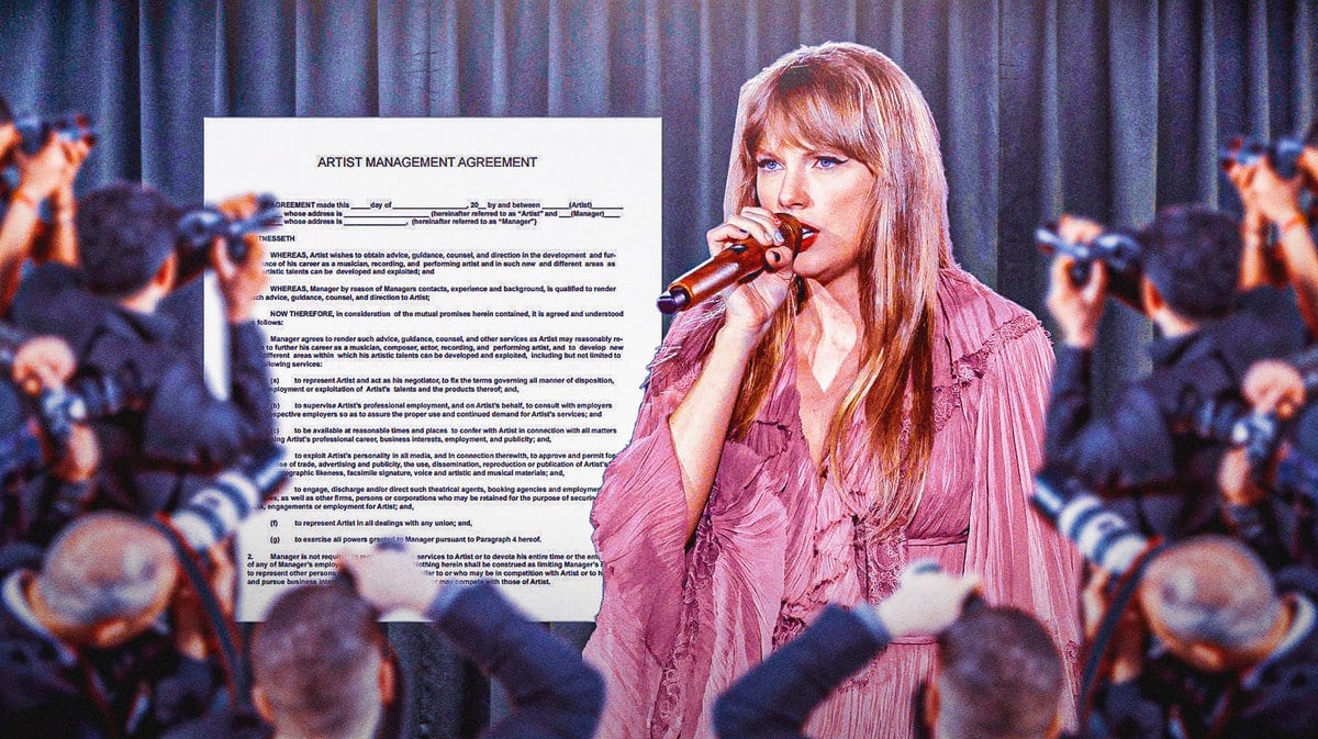 Taylor Swift with a microphone and a music contract behind her with paparazzi taking photos.