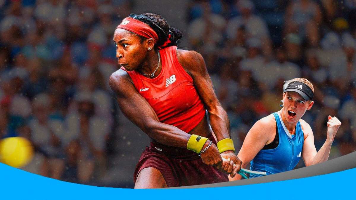 Coco Gauff on a tennis court in the foreground, with Danish tennis player Caroline Wozniacki off to the side in the background