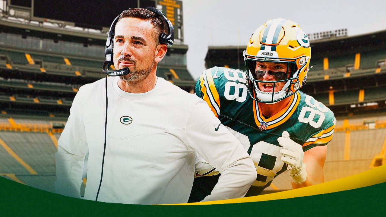 Packers head coach Matt LaFleur and tight end Luke Musgrave. Lambeau Field in the background.