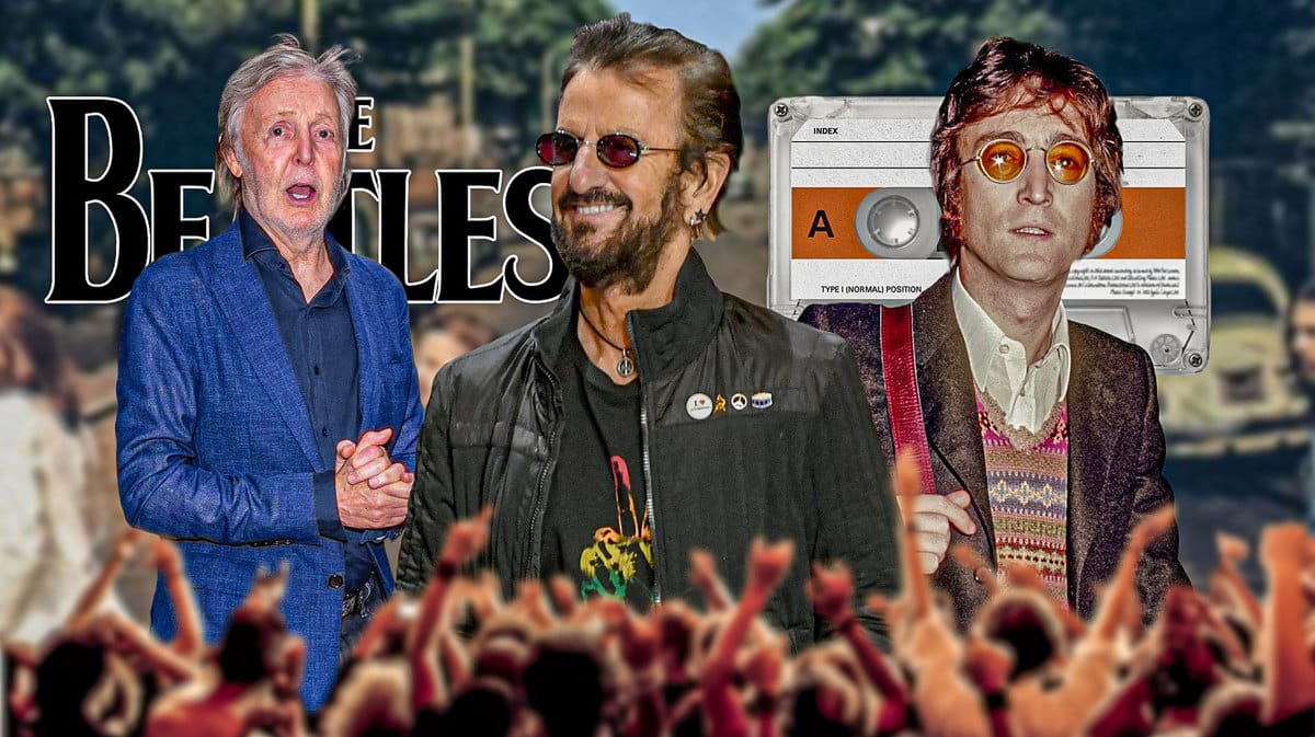 The Beatles logo and members Paul McCartney, Ringo Starr, John Lennon, with cassette and Abbey Road background.