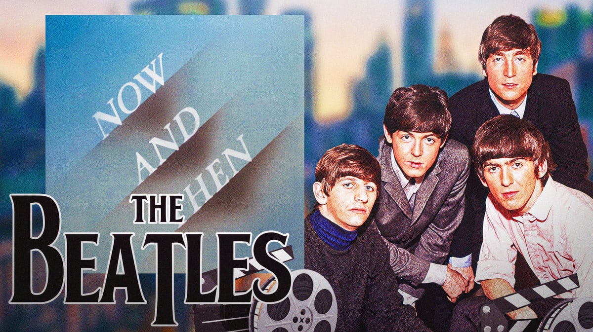 The Beatles logo and their last song, Now and Then, cover with members Paul McCartney, John Lennon, Ringo Starr, and George Harrison.