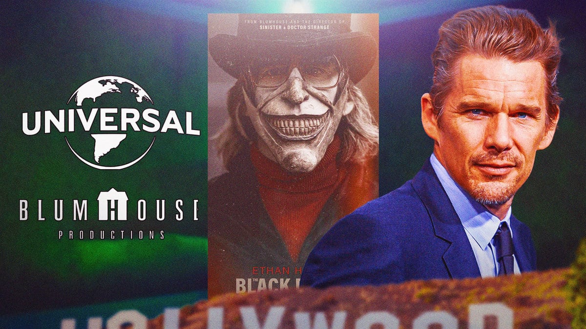 Universal and Blumhouse Productions logos next to The Black Phone poster and Ethan Hawke.