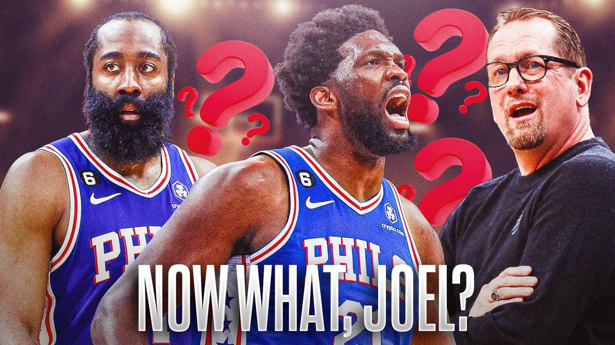 Joel Embiid in the middle with James Harden and coach Nick Nurse all around him and Question marks (❓) in the background.