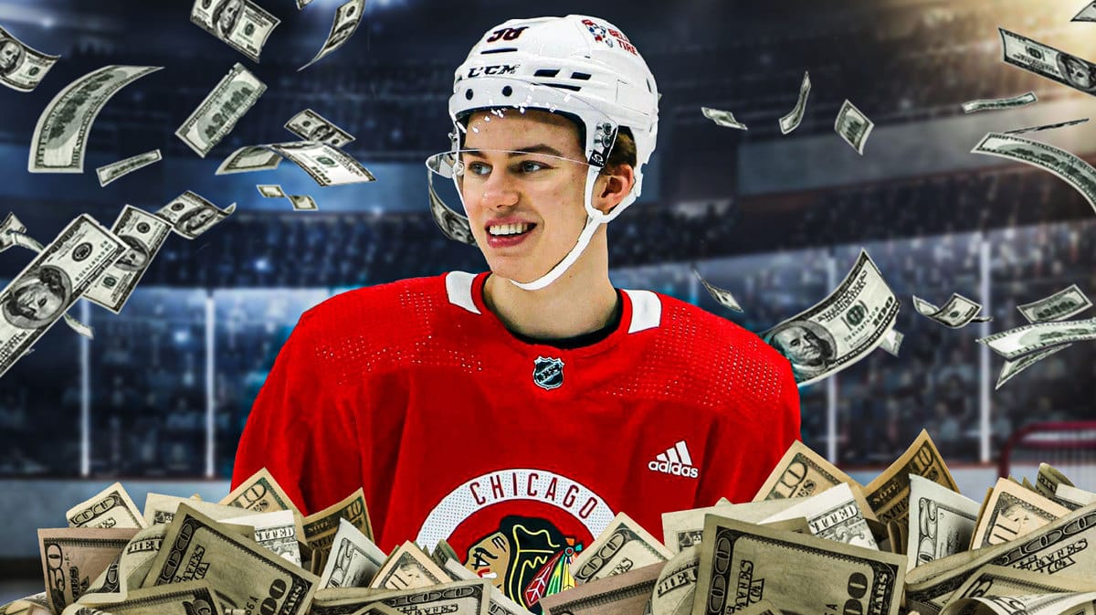 Image: Connor Bedard in image looking happy, some money in image, United Center and a hockey rink in background, CHI Blackhawks logo