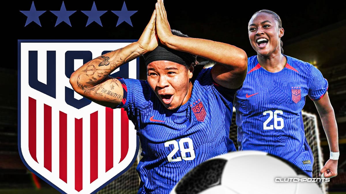 Mia Fischel and Jaedyn Shaw in front of the USWNT logo