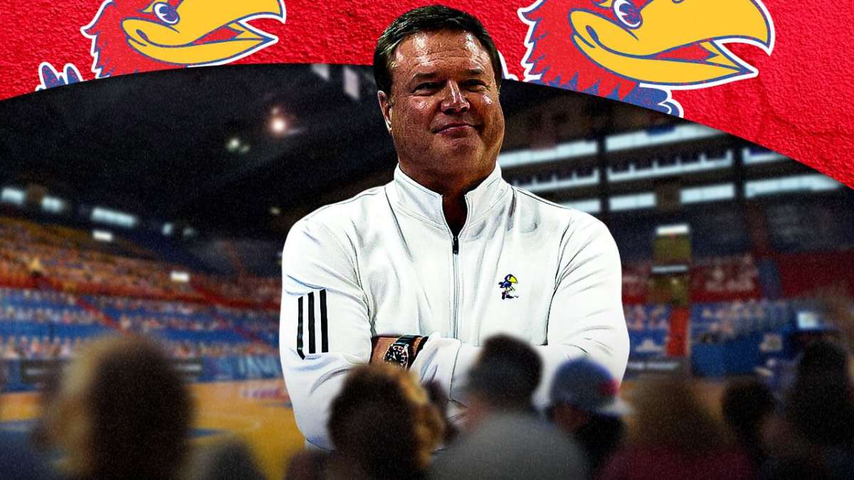 Kansas basketball, Jayhawks, Bill Self, Bill Self broken ribs, Big 12 Media Days, Bill Self with Kansas basketball arena in the background