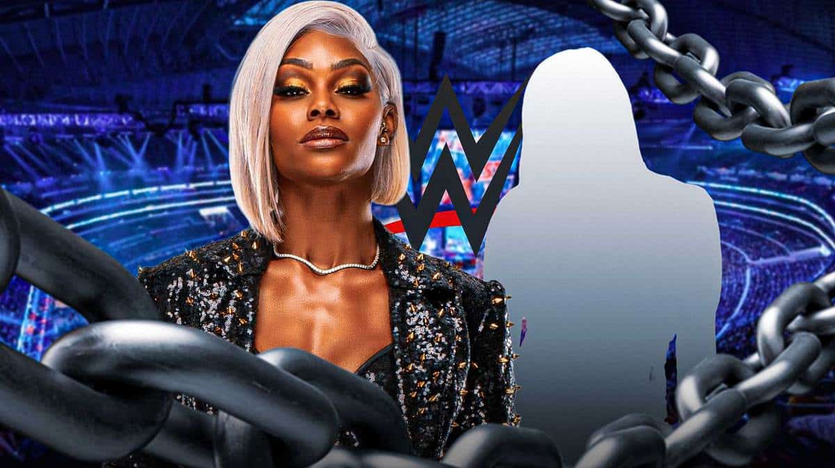 Jade Cargill next to the blacked-out silhouette of Raquel Rodriguez with the WWE logo as the background.