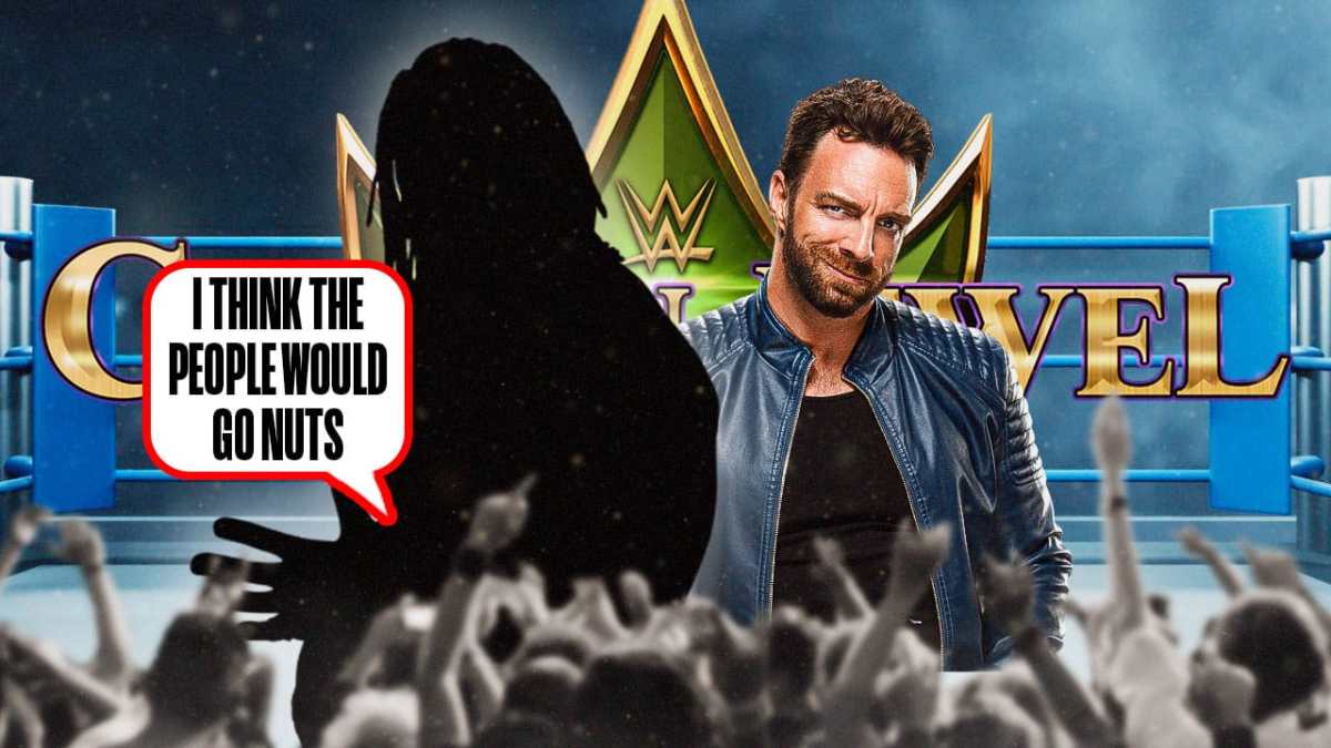 The blacked-out silhouette of Booker T with a text bubble reading “I think the people would go nuts” next to LA Knight with the 2023 WWE Crown Jewel logo as the background.