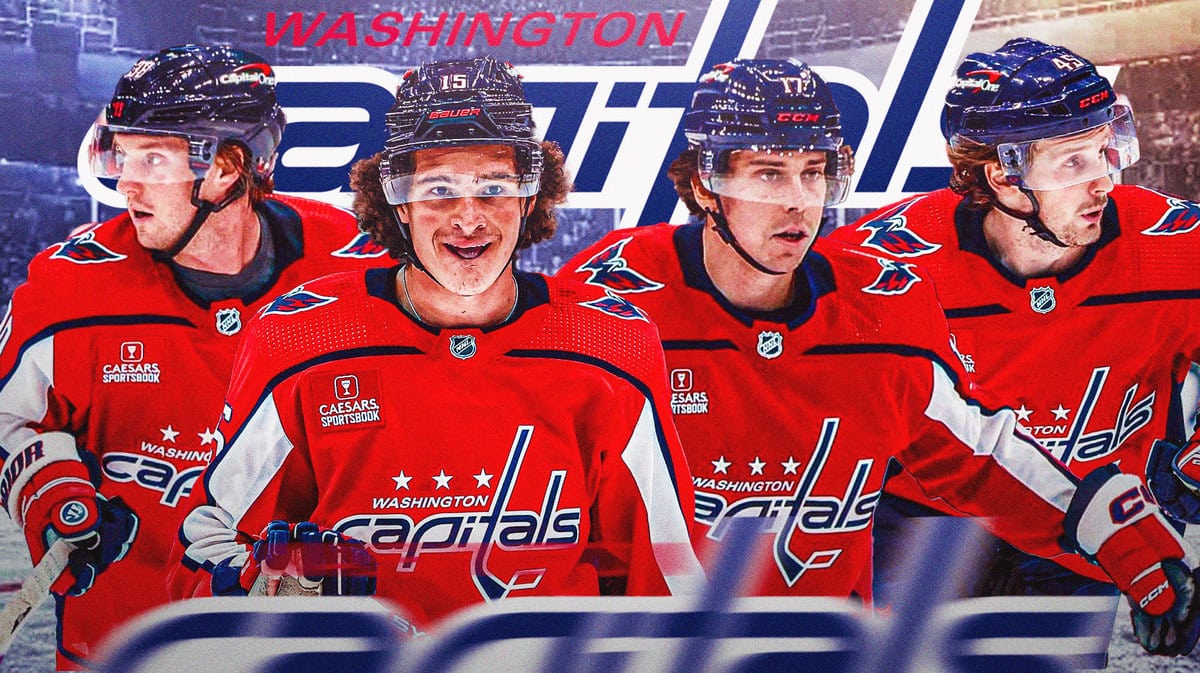 Image: Sonny Milano, Matthew Phillips, Rasmus Sandin and Dylan Strome all in image, WSH Capitals logo in image, hockey rink in background