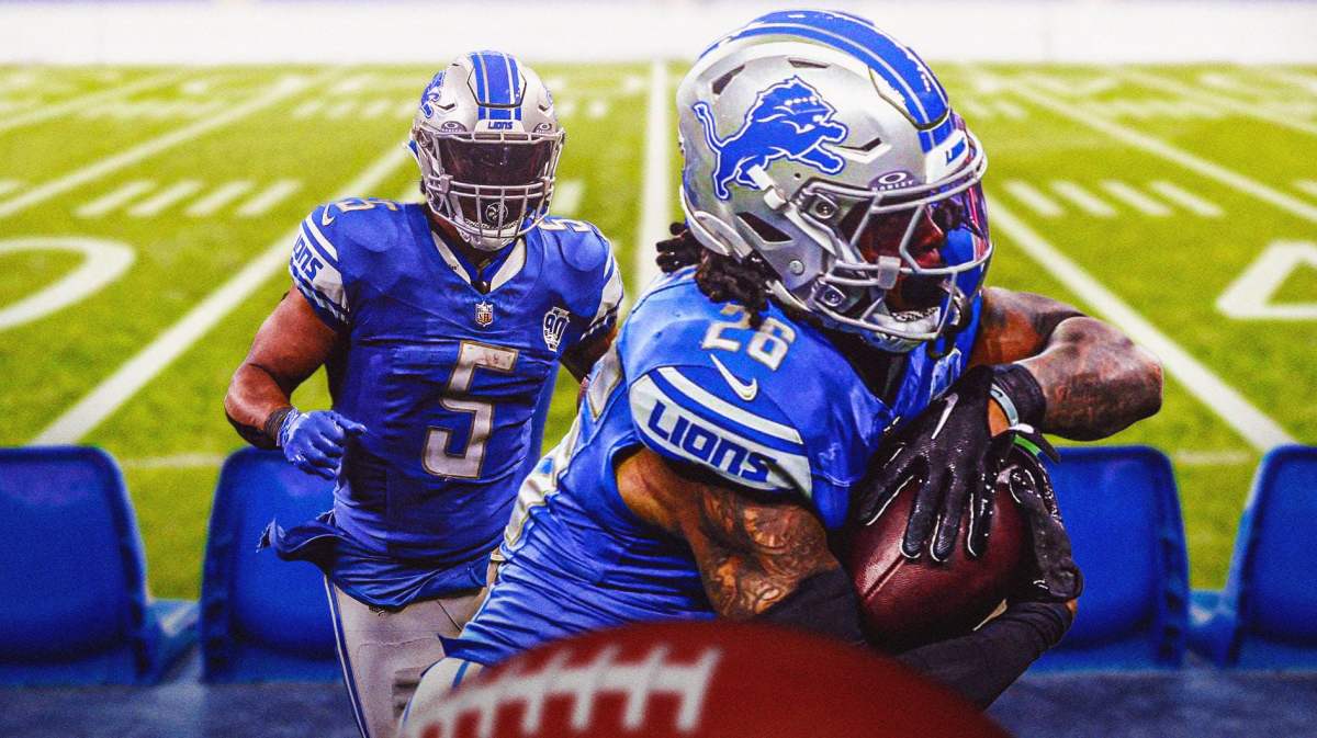 Lions' Jahmyr Gibbs running with a football. Lions' David Montgomery sitting on an NFL bench