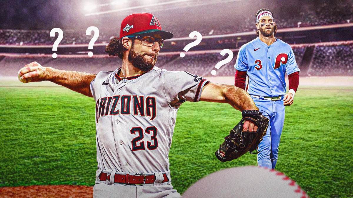 Diamondbacks' Zac Gallen pitching a baseball with a question mark next to him. Phillies' Bryce Harper in background.