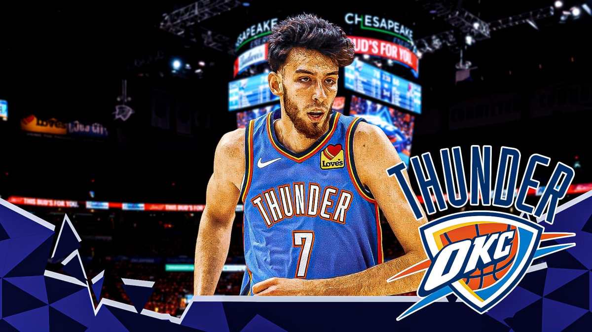 Chet Holmgren with the Thunder logo in the background