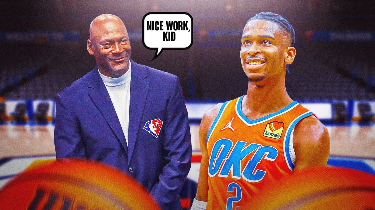 Shai Gilgeous-Alexander smiling in a Thunder jersey, Michael Jordan next to him with a caption bubble saying “Nice work, kid”