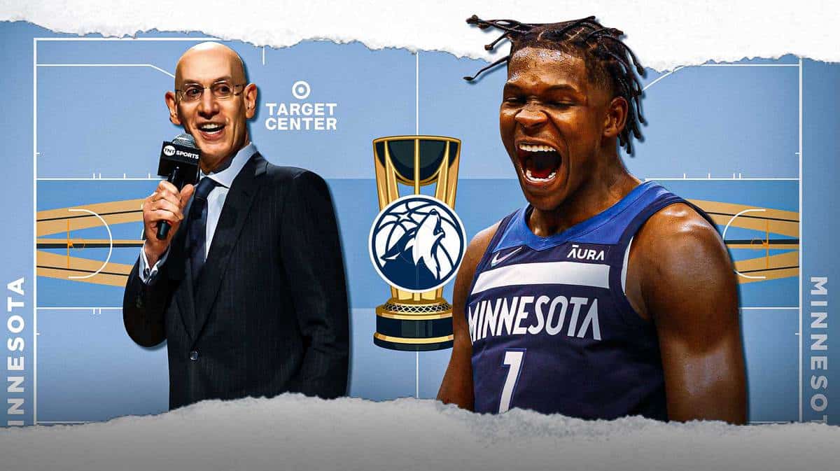 the new Timberwolves in-season tournament court as the background with Adam Silver off to the right and Anthony Edwards on the left