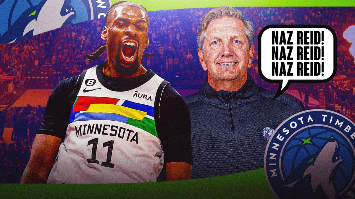 Timberwolves' Naz Reid on the left celebrating and Chris Finch on the right with a speech bubble chanting “Naz Reid! Naz Reid! Naz Reid!”
