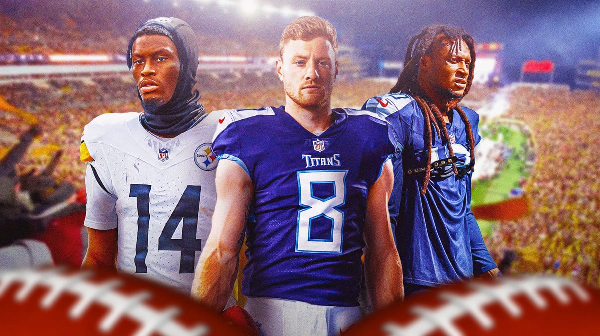 Pittsburgh Steelers receiver George Pickens with Tennessee Titans stars Will Levis and DeAndre Hopkins in front of Acrisure Stadium.