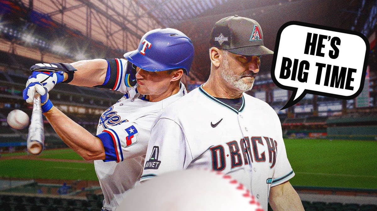 Torey Lovullo looking disappointed saying “He’s big time” in Diamondbacks jersey, have Seager in action in Rangers jersey, Globe Life Field as background